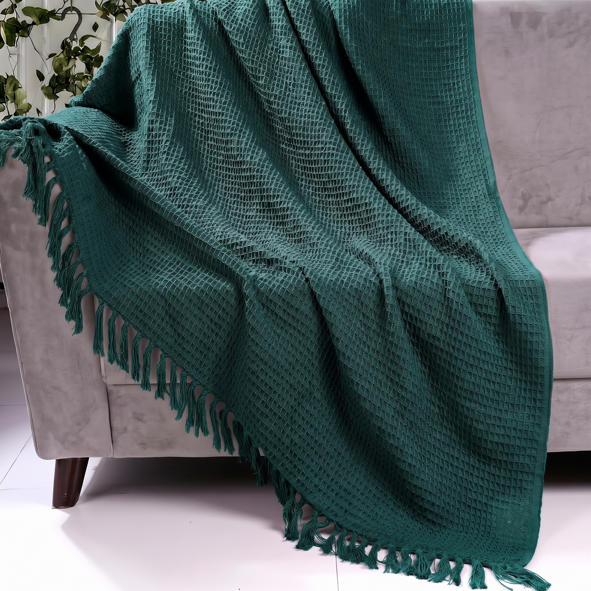 Hand Woven Cotton Throw Blanket 50x60" – Soft, Breathable Green Sofa Blanket