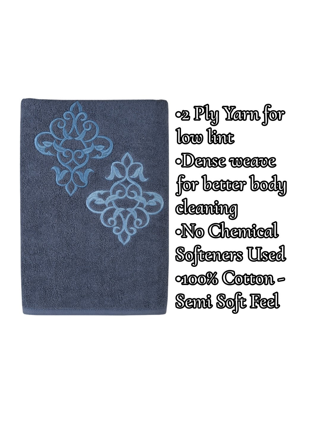 Embroidered Bath Towel 100% Cotton 600 GSM Large Size 72x142 CM Navy Blue