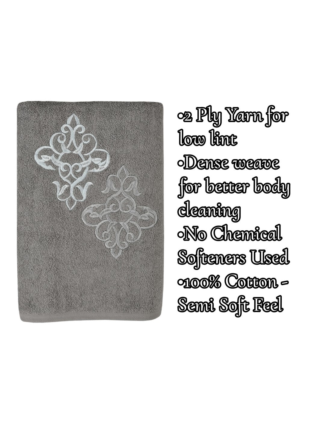 Embroidered Bath Towel 100% Cotton 600 GSM Large Size 72x142 CM Grey