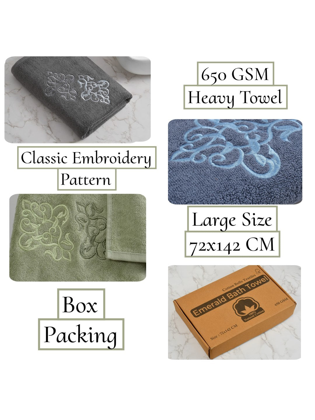 Embroidered Bath Towel 100% Cotton 600 GSM Large Size 72x142 CM Mint Green