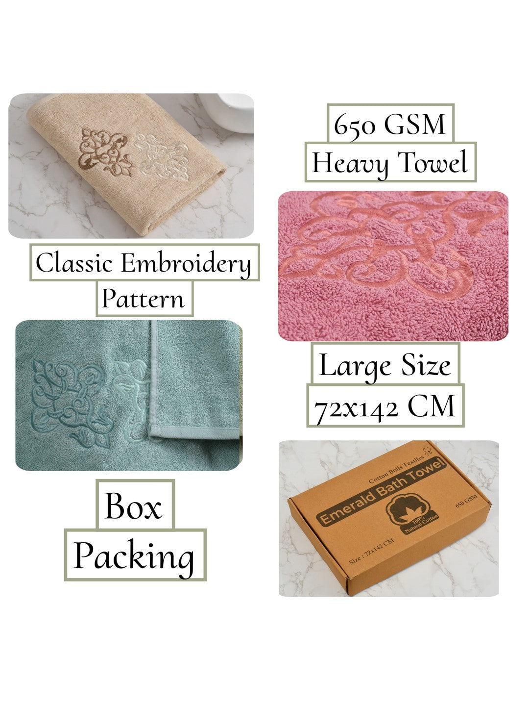 Embroidered Bath Towel 100% Cotton 600 GSM Large Size 72x142 CM Sea Green