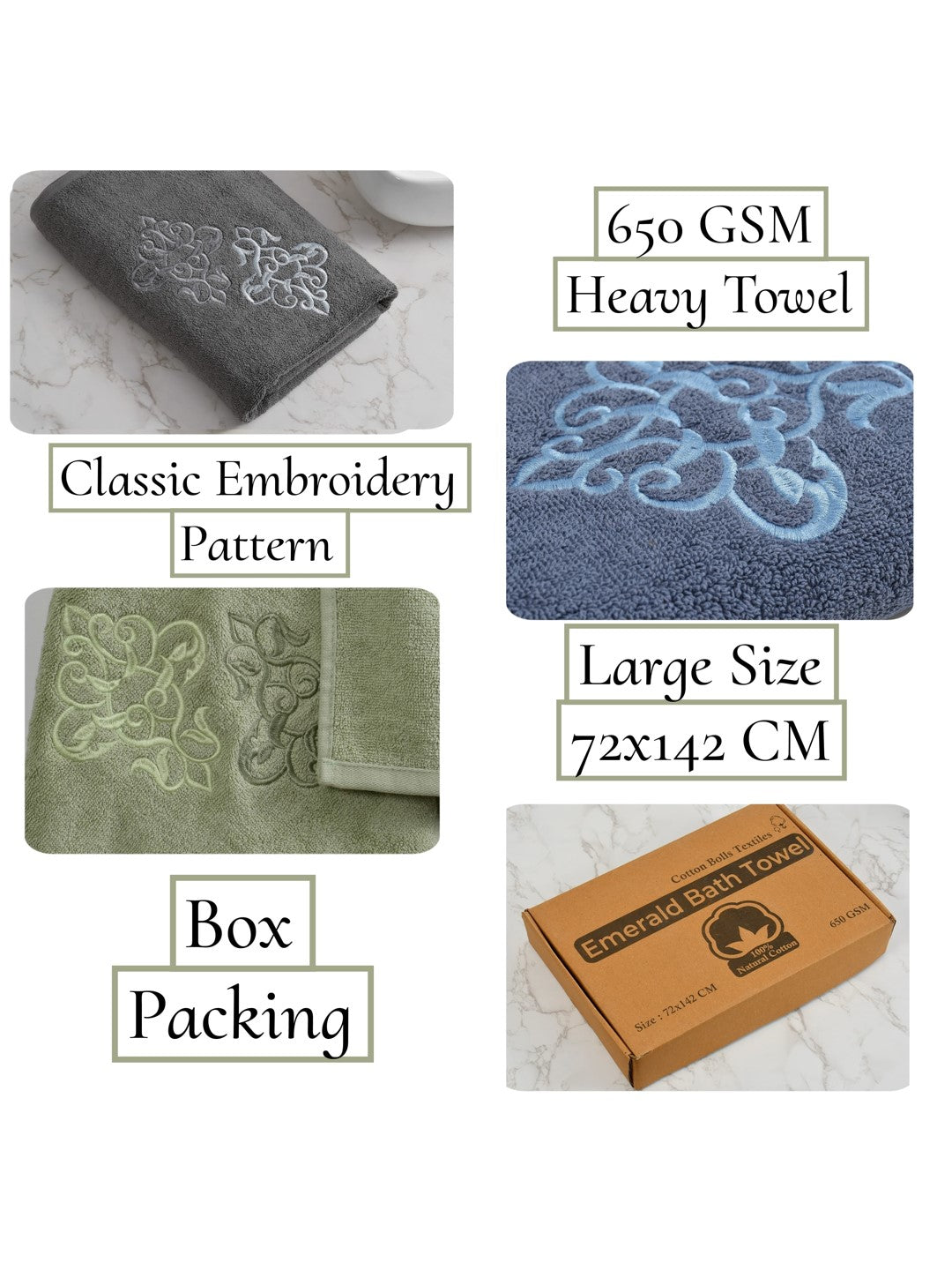 Embroidered Bath Towel 100% Cotton 600 GSM Large Size 72x142 CM Navy Blue