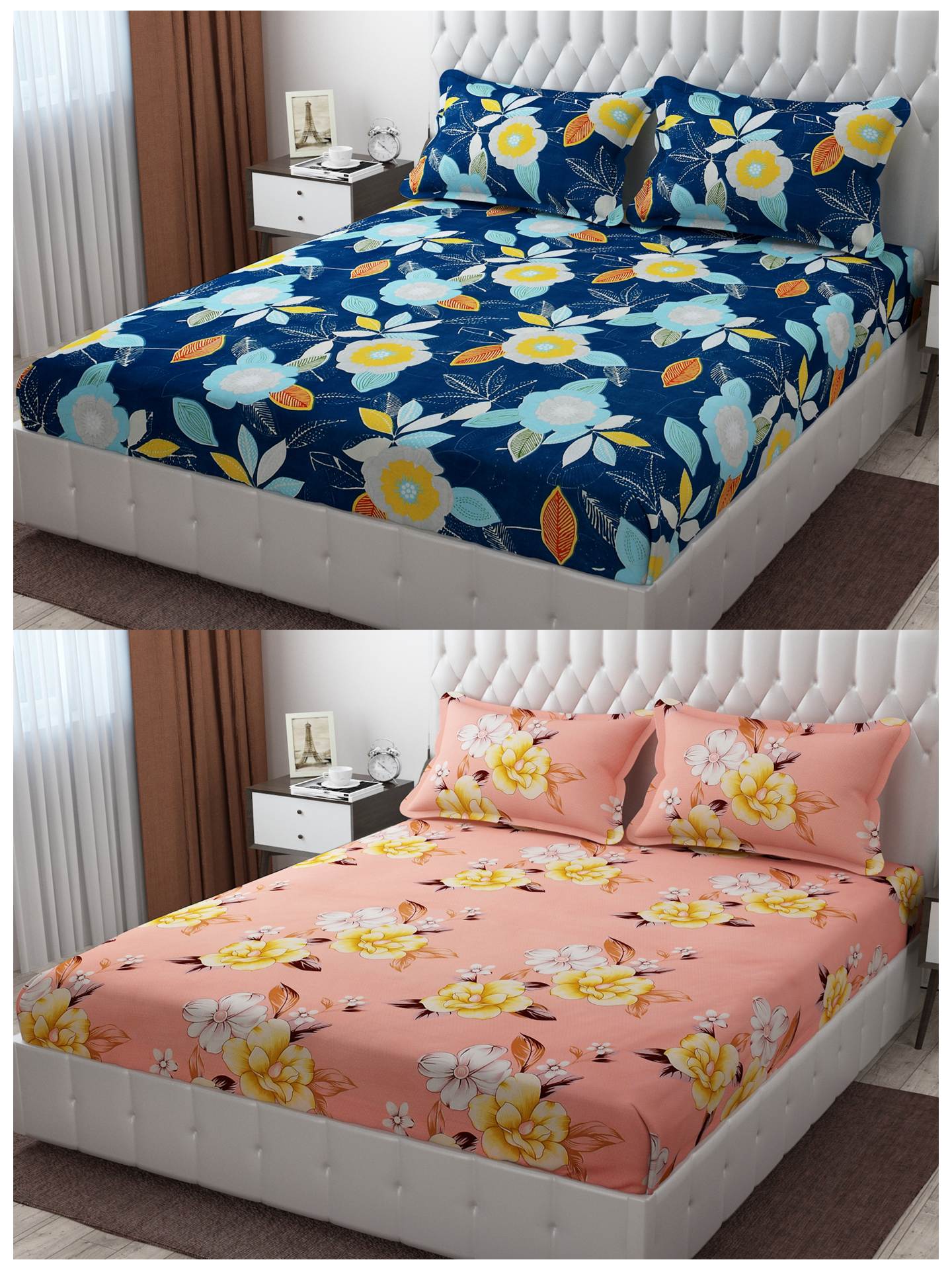 Pack of 2 Fitted King Size Bedsheet Glace Cotton with all Round Elastic 72x78x7