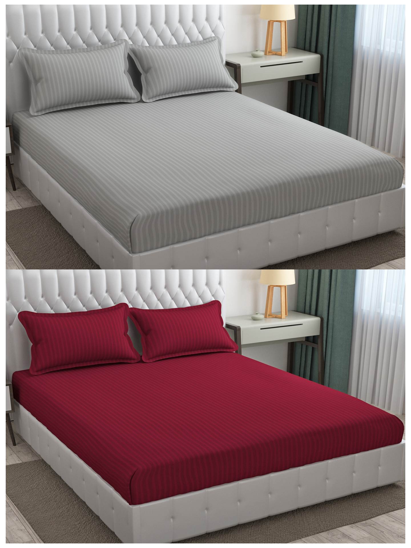 Pack of 2 Solid Stripe King Size Bedsheet Glace Cotton 90X100