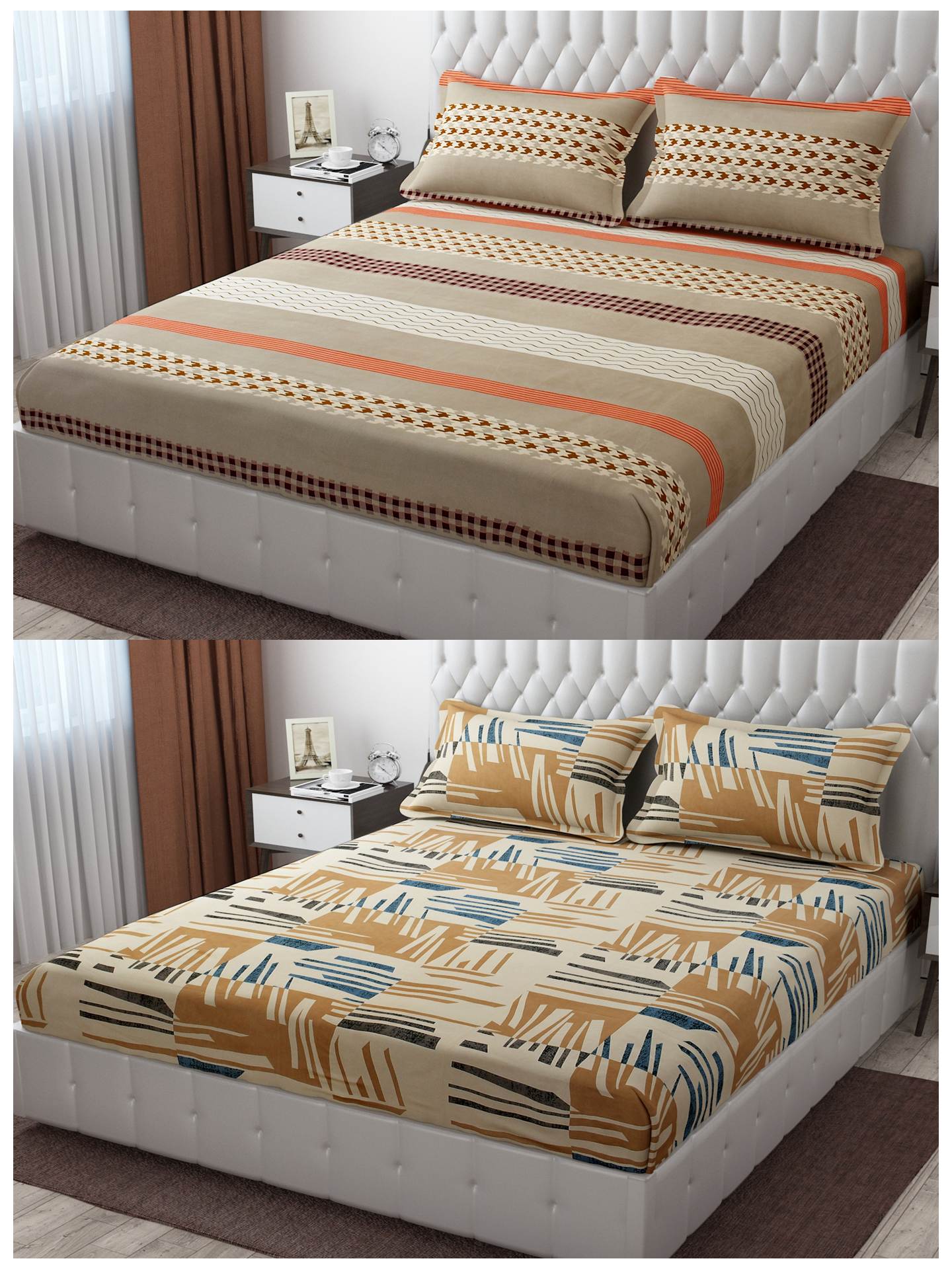 Pack of 2 Fitted King Size Bedsheet Glace Cotton with all Round Elastic 72x78x7