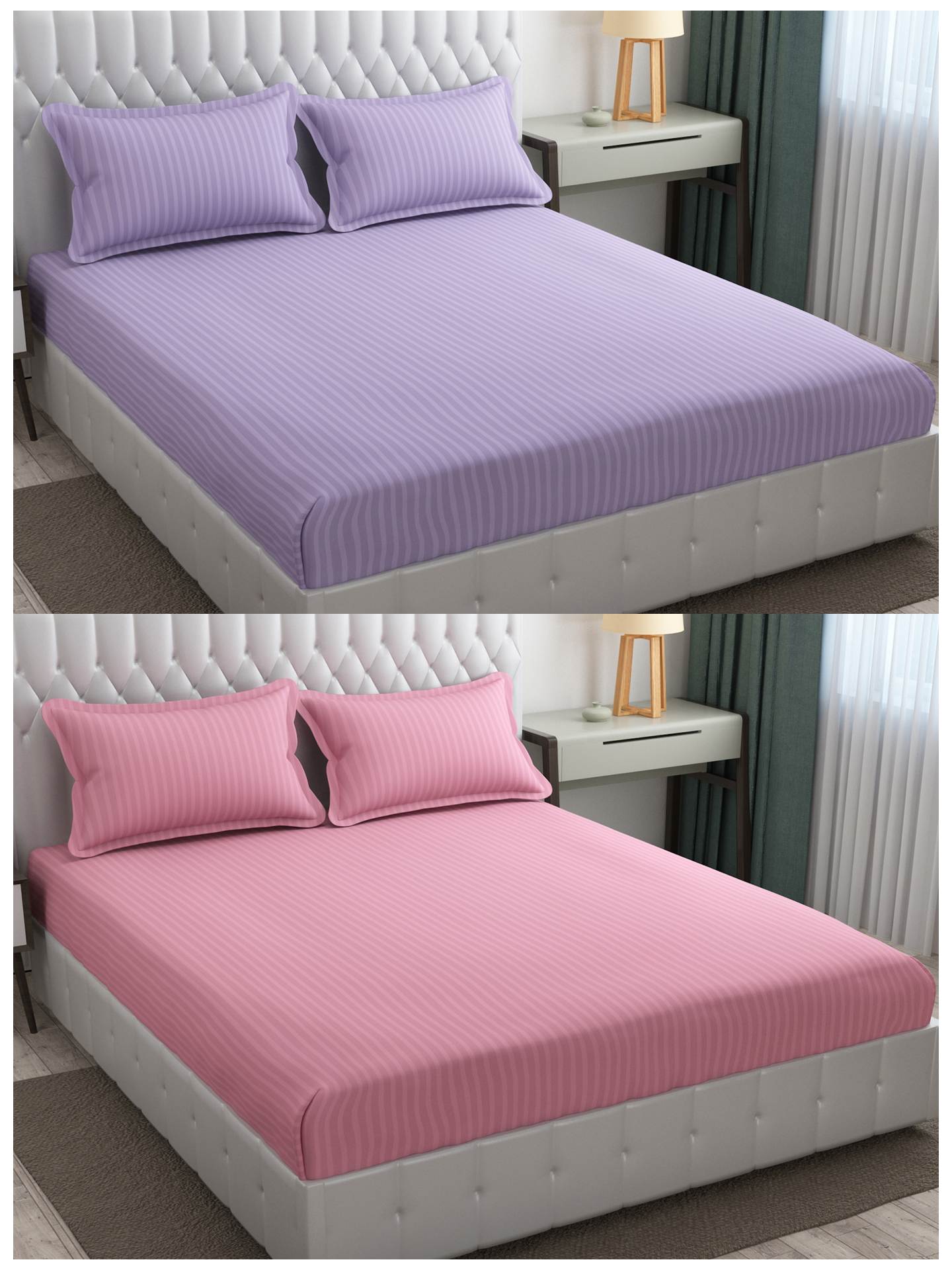 Pack of 2 Solid Stripe King Size Bedsheet Glace Cotton 90X100
