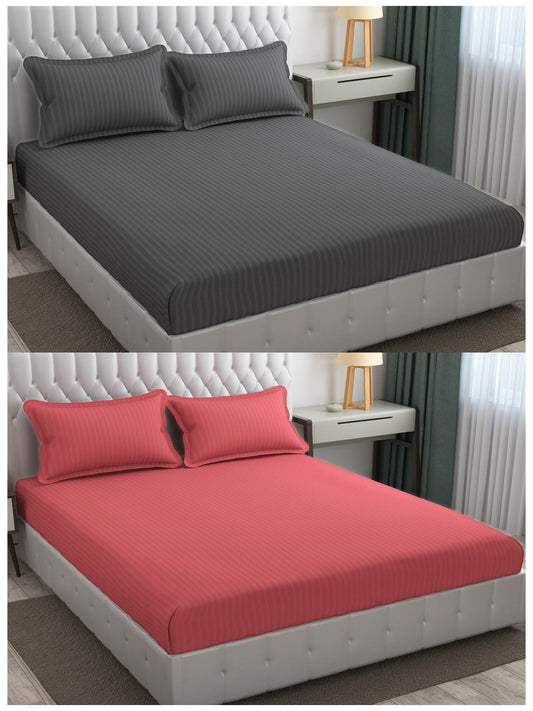 Pack of 2 Solid Stripe King Size Bedsheet Glace Cotton 90X100