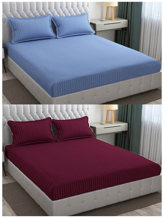 Pack of 2 Solid Stripe King Size Bedsheet Glace Cotton 90X100